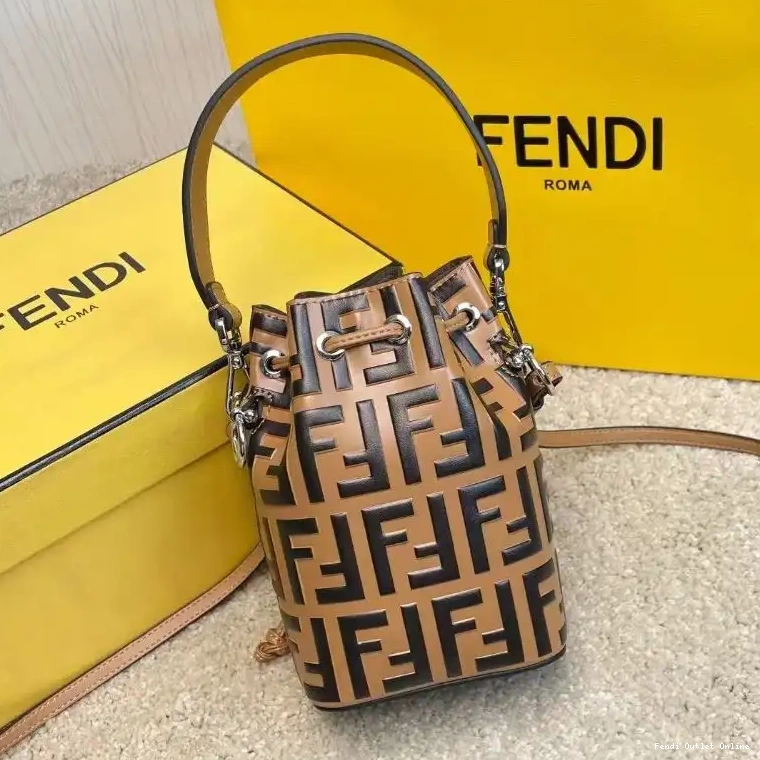 Cheap Mon Mini Calf Motif Tresor Bucket Bag Leather In Fendi Khaki FF 0617